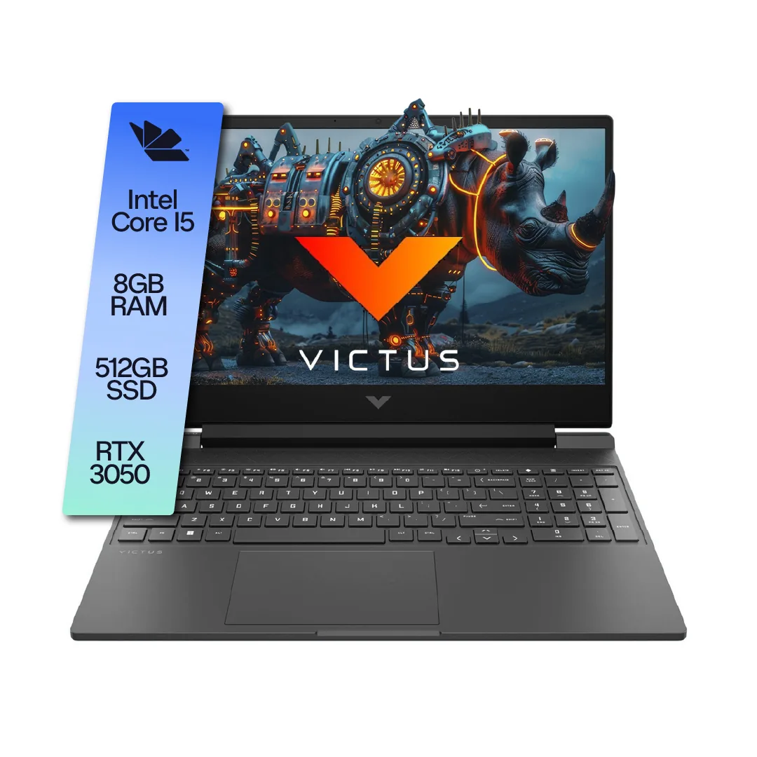 Placa de especificaciones sobre la foto de frente: Intel Core i5, 8GB RAM, 512GB SSD, RTX 3050