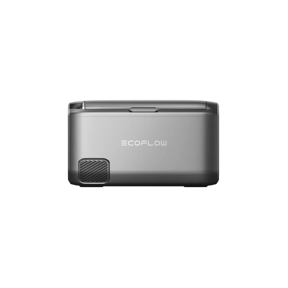 Heladera portátil EcoFlow Glacier Classic gris, vista frontal con logo, rejilla de ventilación y tapa superior cerrada.