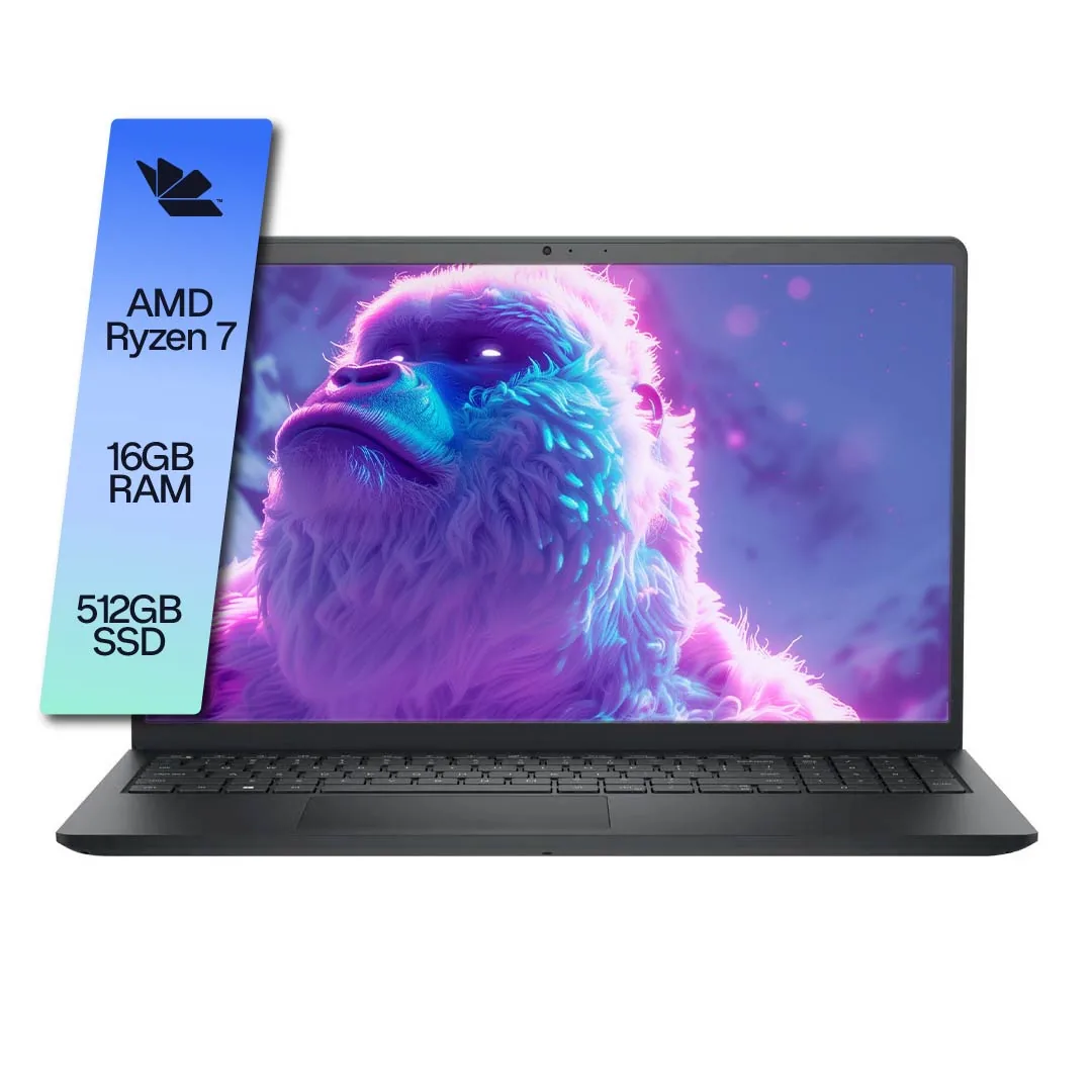 Placa de especificaciones sobre la foto de frente: AMD Ryzen 7, 16GB RAM, 512GB SSD