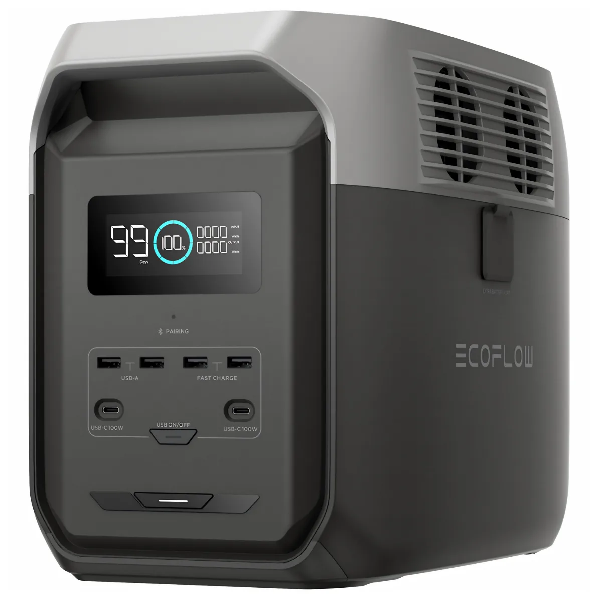 EcoFlow Delta 3 1500 gris oscuro, vista frontal con pantalla al 100%, puertos USB-A, USB-C y panel de encendido