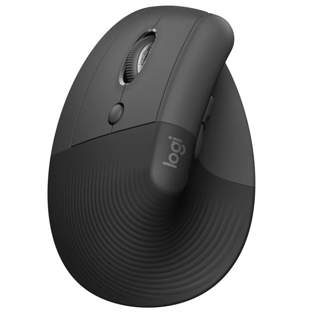 El mouse vertical en tres cuartos desde arriba: la rueda marcada «SmartWheel», el botón de cambio de velocidad y el logo «logi» sobre el flanco