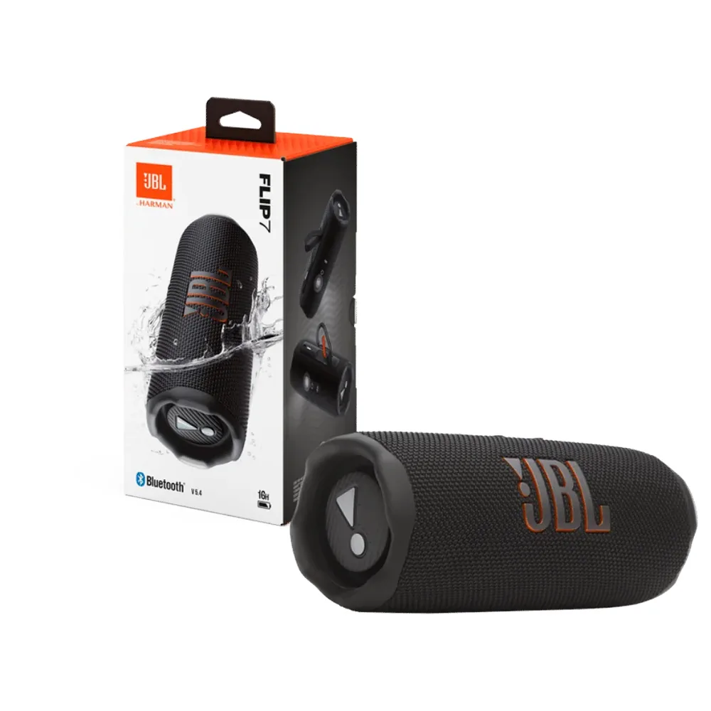 El parlante acostado junto a su caja, que dice «JBL by Harman», «FLIP 7», «Bluetooth V5.4» y «16H»